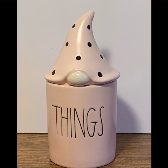Rae Dunn ceramic THINGS canister with gnome topper.